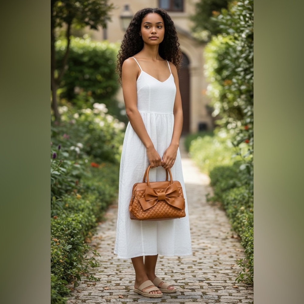 Elegant Quilted Tan Bow Satchel